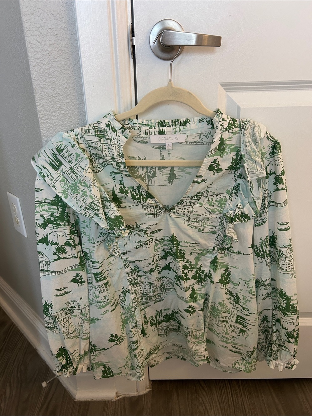 Sugarlips White Top with Green Scenic Print